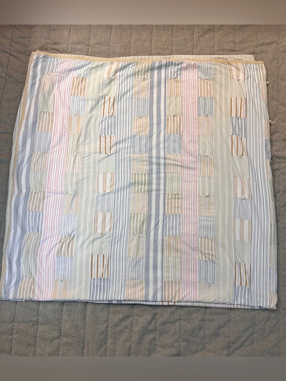 VTG Tommy Hilfiger Patchwork Tie Quilt Coverlet 88x86” Cotton Pastels Stripes